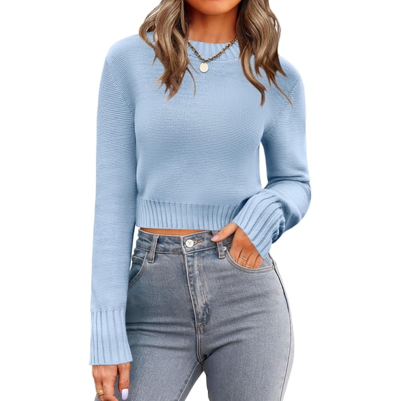 Zeagoo Women' Fall Crewneck Cropped Sweater Trendy Long Sleeve Ribbed Knit Pullover Jumper Tops