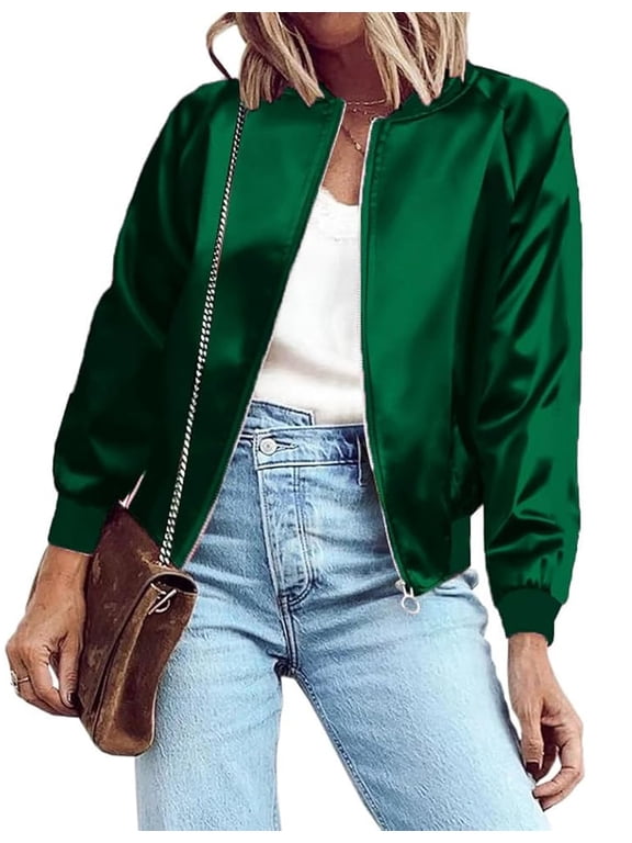 Women Letterman Jackets Satin Bomber Jacket Casual Short Biker Jacket Classic Solid Striped Fashion Coat Zip Up Windbreaker Outerwear