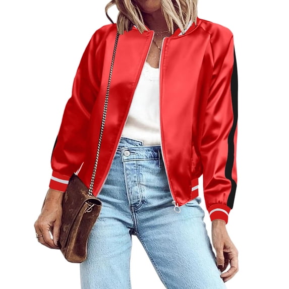 Zeagoo Women Letterman Jackets Satin Bomber Jacket Casual Short Biker Jacket Classic Solid Striped Fashion Coat Zip Up Windbreaker Outerwear