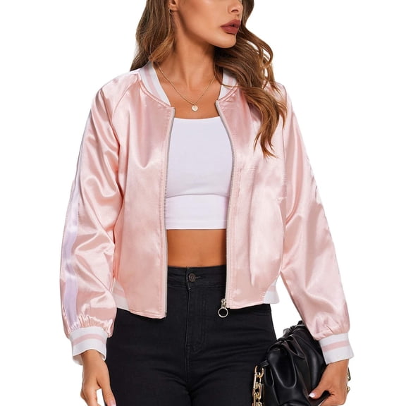 Zeagoo Women Letterman Jackets Satin Bomber Jacket Casual Short Biker Jacket Classic Solid Striped Fashion Coat Zip Up Windbreaker Outerwear