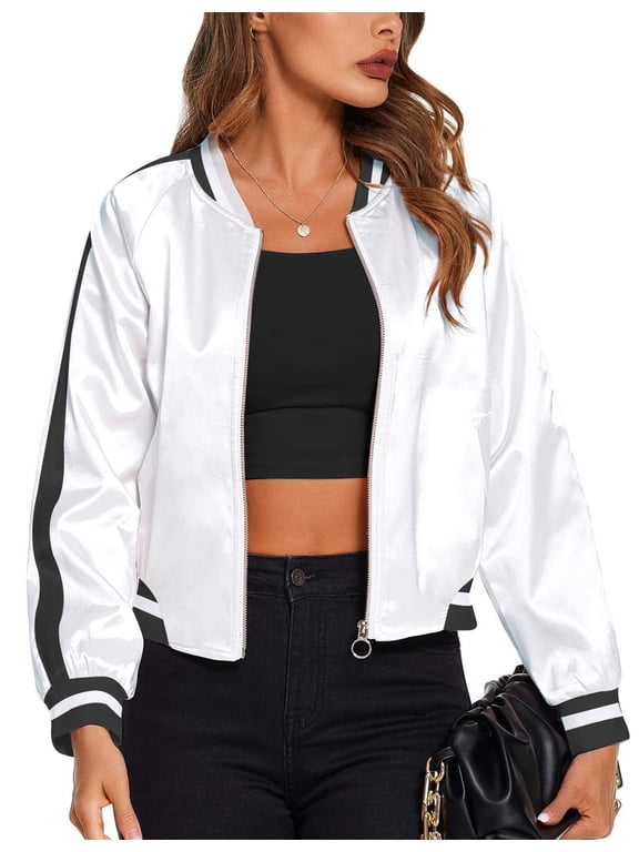 Women Letterman Jackets Satin Bomber Jacket Casual Short Biker Jacket Classic Solid Striped Fashion Coat Zip Up Windbreaker Outerwear