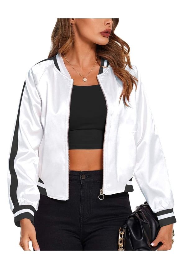 Women Letterman Jackets Satin Bomber Jacket Casual Short Biker Jacket Classic Solid Striped Fashion Coat Zip Up Windbreaker Outerwear