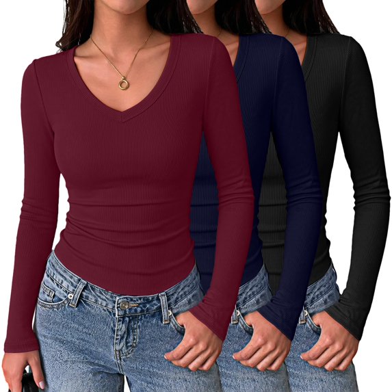 Zeagoo Women Long Sleeve Basic Tee 3 Pack Fall V Neck Casual T-Shirt Ribbed Slim Fit Tops