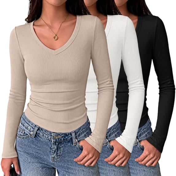Zeagoo Women Long Sleeve Basic Tee 3 Pack Fall V Neck Casual T-Shirt Ribbed Slim Fit Tops