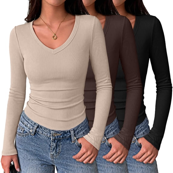 Zeagoo Women Long Sleeve Basic Tee 3 Pack Fall V Neck Casual T-Shirt Ribbed Slim Fit Tops