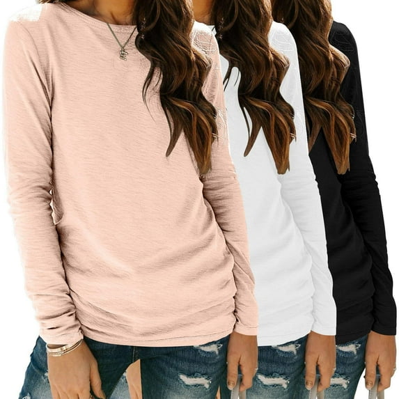 Zeagoo Women Long Sleeve T Shirt 3 Pack Casual Spring Fall Crewneck Basic Shirts Loose Fit Solid Tops Lightweight Tee