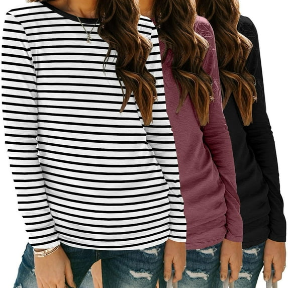 Zeagoo Women Long Sleeve T Shirt 3 Pack Casual Spring Fall Crewneck Basic Shirts Loose Fit Solid Tops Lightweight Tee