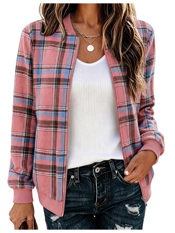 Women' Plaid Shacket Jacket Zip Up Casual Coat Fall Winter Clothes with Pockets Trendy