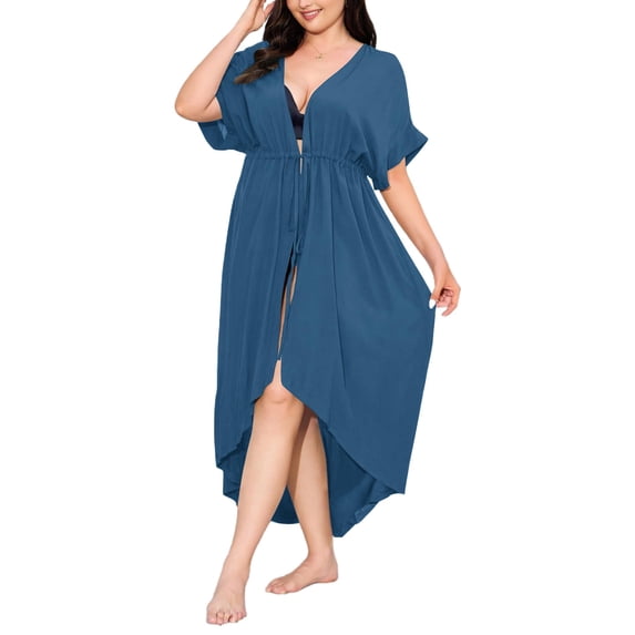 Zeagoo Women Plus Size Long Cover up Stripe Bikini Coverups Kimono Tie Front Bathing Suit Swimsuit Beachwear