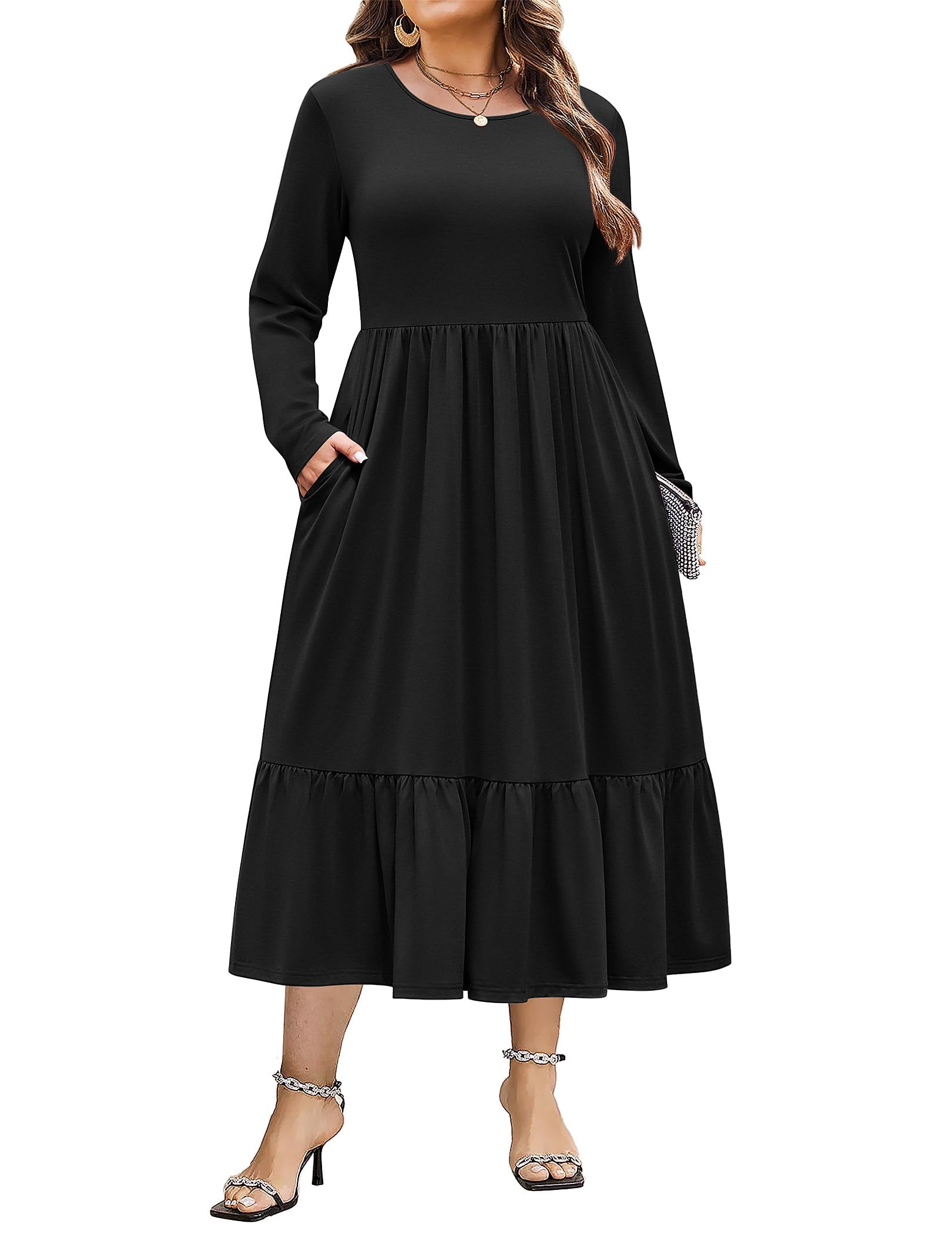 Zeagoo Women Plus Size Long Sleeve Dress Loose Casual Flowy Tiered
