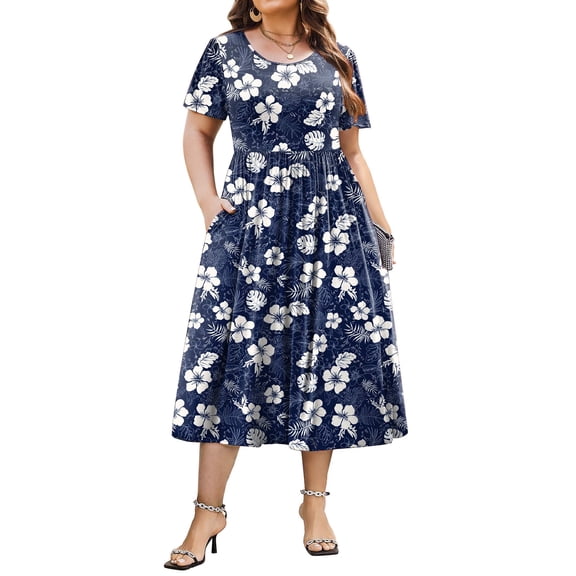 Zeagoo Women Plus Size Short Sleeve Dress Loose Summer Casual A-Line Flowy Midi Dresses with Pockets