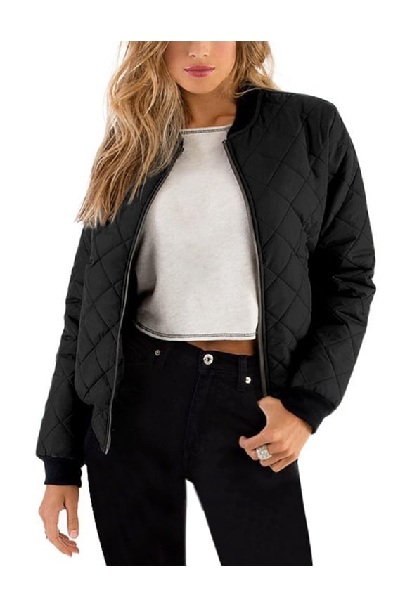 Women Raglan Quilted Bomber Jacket Warm Long Sleeve Zipper Coat Solid Color Winter Coat