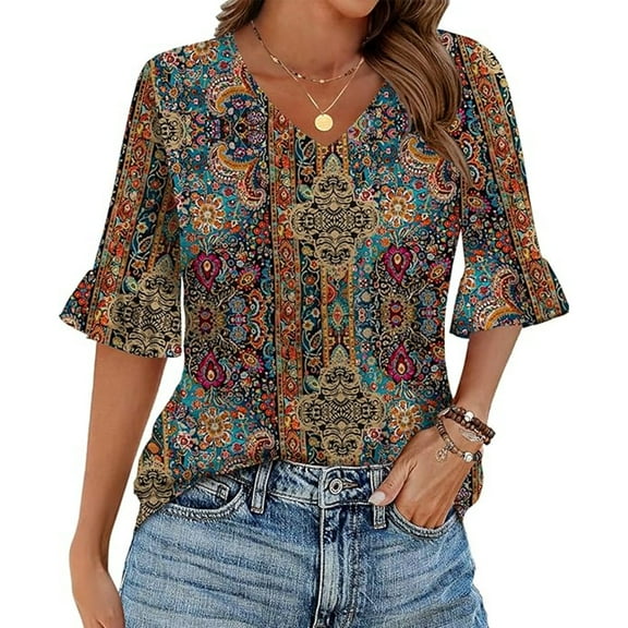 Zeagoo Women Ruffle Sleeve T Shirt Leopard Print Plus Size Tunics Blouses Dressy Casual V Neck Loose Blouses