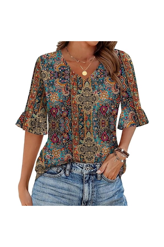 Women Ruffle Sleeve T Shirt Leopard Print Plus Size Tunics Blouses Dressy Casual V Neck Loose Blouses