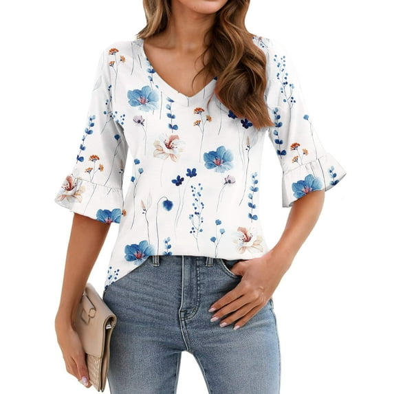 Zeagoo Women Ruffle Sleeve T Shirt Leopard Print Plus Size Tunics Blouses Dressy Casual V Neck Loose Blouses