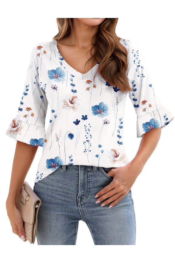 Women Ruffle Sleeve T Shirt Leopard Print Plus Size Tunics Blouses Dressy Casual V Neck Loose Blouses