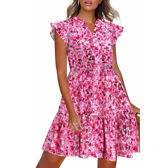 Zeagoo Women Summer Casual Dresses Shift Tunic V Neck Tiered Ruffle Dress A-Line Short Sleeve Dress