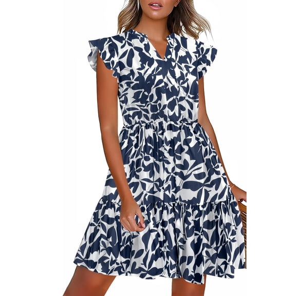 Zeagoo Women Summer Casual Dresses Shift Tunic V Neck Tiered Ruffle Dress A-Line Short Sleeve Dress