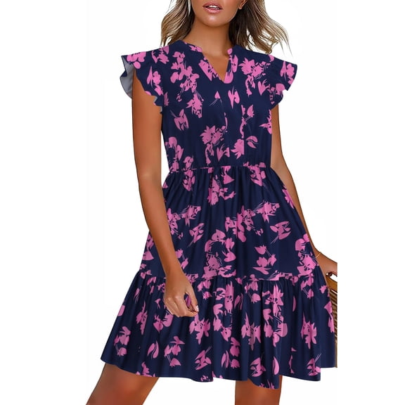 Zeagoo Women Summer Casual Dresses Shift Tunic V Neck Tiered Ruffle Dress A-Line Short Sleeve Dress