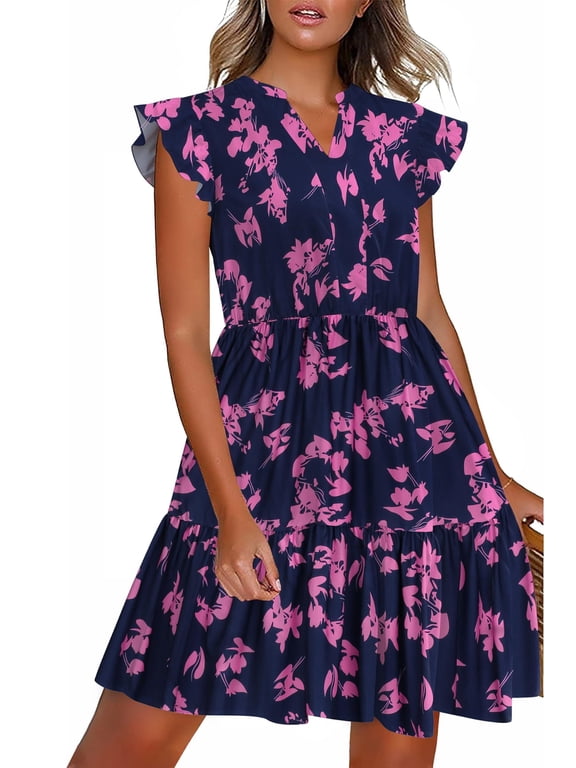 Women Summer Casual Dresses Shift Tunic V Neck Tiered Ruffle Dress A-Line Short Sleeve Dress