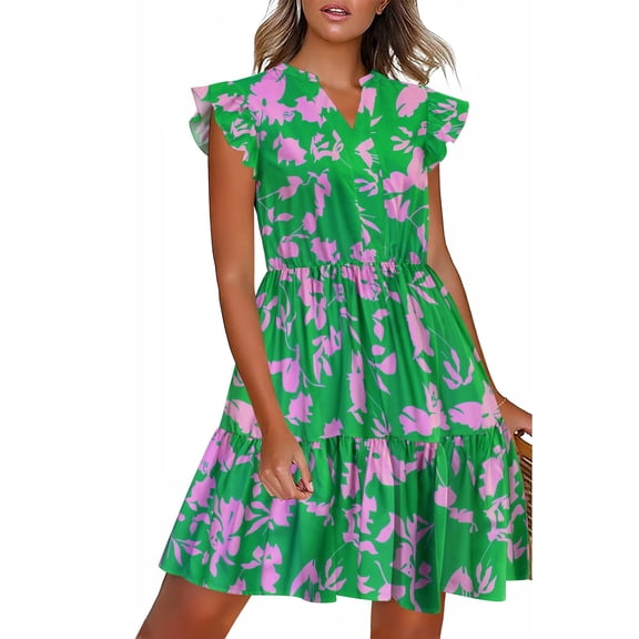 Zeagoo Women Summer Casual Dresses Shift Tunic V Neck Tiered Ruffle Dress A-Line Short Sleeve Dress