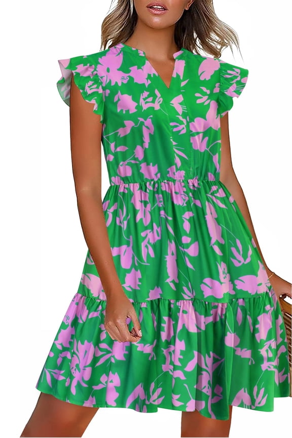 Women Summer Casual Dresses Shift Tunic V Neck Tiered Ruffle Dress A-Line Short Sleeve Dress