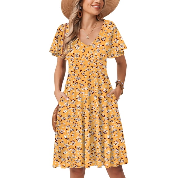 Zeagoo Women Sundress Summer 2025 Casual V Neck Mini Swing Dresses Loose Floral Print Swing Ruffle Short Sleeve Dress for Beach 2025 Tshirt Dress Vacation Beach Party