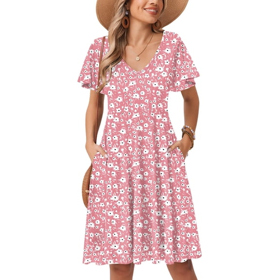 Zeagoo Women Sundress Summer 2025 Casual V Neck Mini Swing Dresses Loose Floral Print Swing Ruffle Short Sleeve Dress for Beach 2025 Tshirt Dress Vacation Beach Party