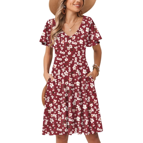 Zeagoo Women Sundress Summer 2025 Casual V Neck Mini Swing Dresses Loose Floral Print Swing Ruffle Short Sleeve Dress for Beach 2025 Tshirt Dress Vacation Beach Party