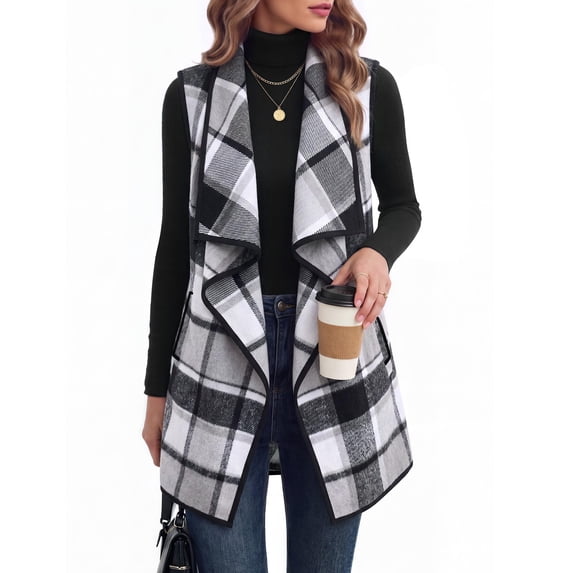 Zeagoo Women Tunic Vest Plaid Jackets Sleeveless Long Flannel Shirts with Pockets Dressy Fall Winter Trendy