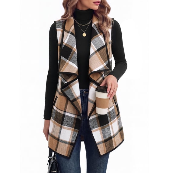 Zeagoo Women Tunic Vest Plaid Jackets Sleeveless Long Flannel Shirts with Pockets Dressy Fall Winter Trendy