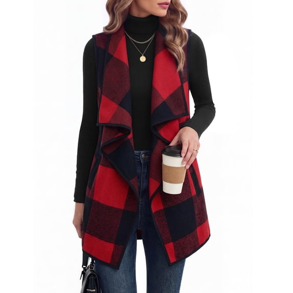 Zeagoo Women Tunic Vest Plaid Jackets Sleeveless Long Flannel Shirts with Pockets Dressy Fall Winter Trendy