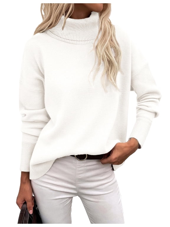 Women' Turtleneck Sweater Fall Winter Chunky Knitted Pullover High Low Hem Trendy Basic Jumper Top