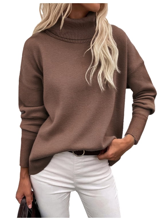 Women' Turtleneck Sweater Fall Winter Chunky Knitted Pullover High Low Hem Trendy Basic Jumper Top