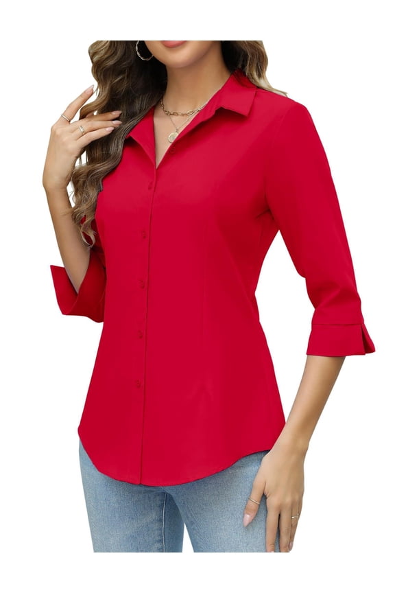 Women Work Shirts Button Down Three Quarter Sleeve Short Sleeve Office Blouses for Women