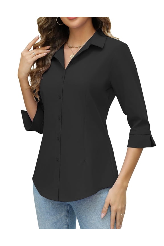 Women Work Shirts Button Down Three Quarter Sleeve Short Sleeve Office Blouses for Women