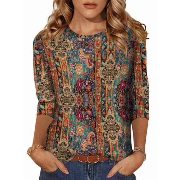 Zeagoo Women's 3/4 Sleeve Tunic Top Dressy Crew Neck Floral Print Tshirts Casual Basic Blouse Cute Work Tops