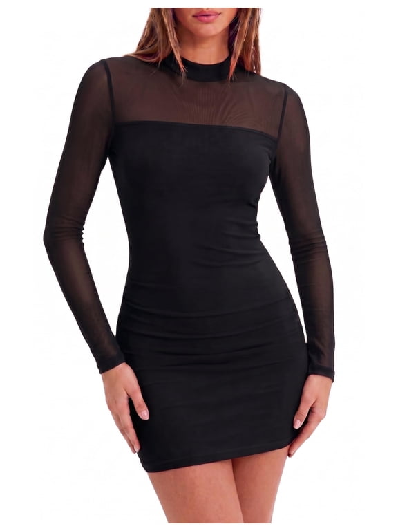 Women's Bodycon Dress Mesh Sheer Long Sleeve Ruched Dress Mock Neck Cocktail Party Sexy Mini Dresses