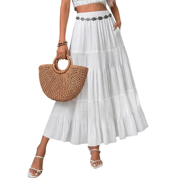 Zeagoo Women's Boho Skirt Chiffon Elastic High Waist Pleated Maxi Skirt with Pockets Elegant Casual Wear