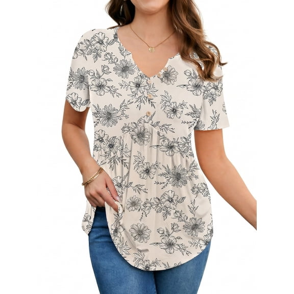 Zeagoo Women's Boho T-Shirts V-Neck Loose Basic Tee Button Comfy Shirts Casual Daily Wear