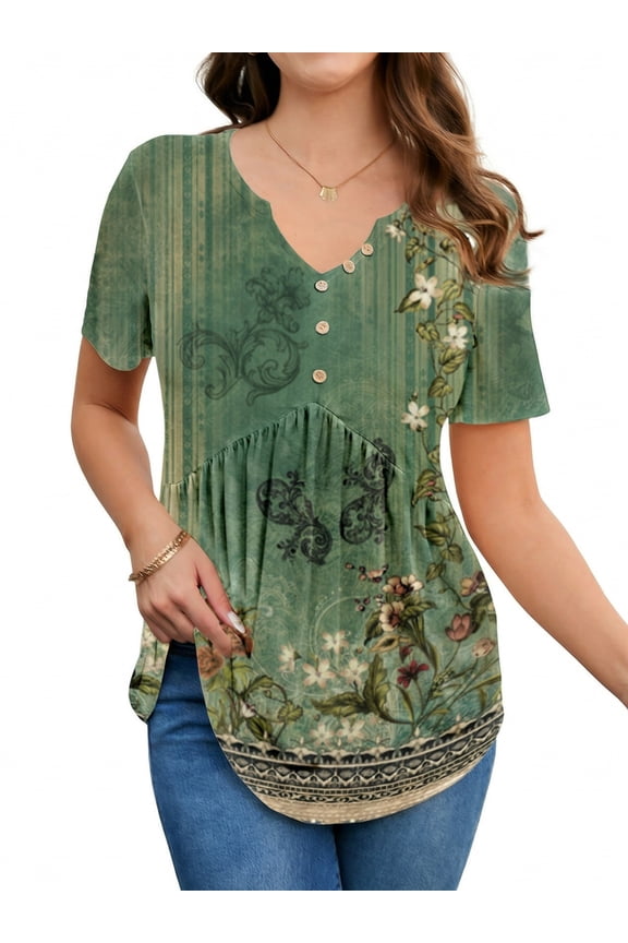 Women's Boho T-Shirts V-Neck Loose Basic Tee Button Comfy Shirts Casual Daily Wear