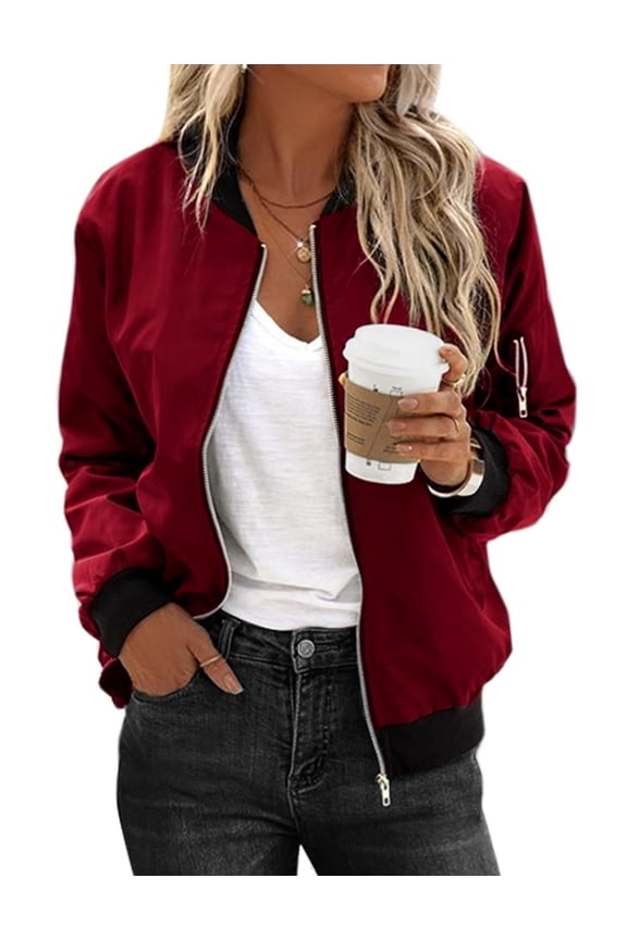 Women's Bomber Jacket Casual Coat Zip Up Spring Fall Clothes with Pockets