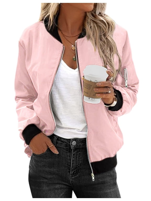 Women's Bomber Jacket Casual Coat Zip Up Spring Fall Clothes with Pockets