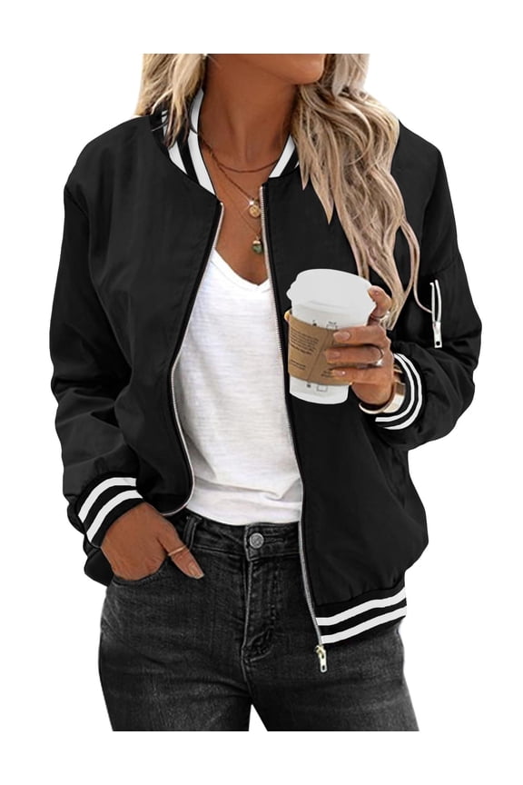 Women's Bomber Jacket Casual Coat Zip Up Spring Fall Clothes with Pockets