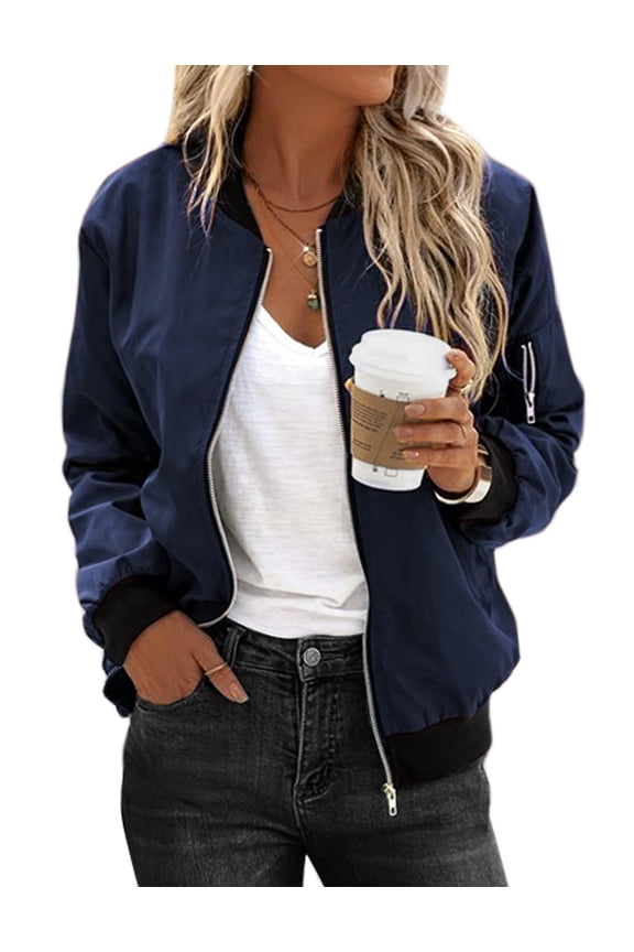 Women's Bomber Jacket Casual Coat Zip Up Spring Fall Clothes with Pockets