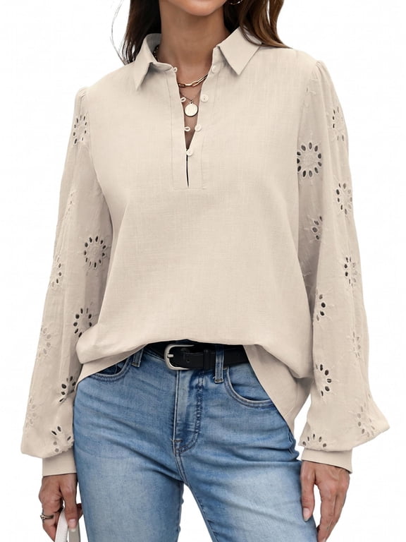 Women's Button Blouse Elegant Casual Tunic Shirt Embroidery Long Sleeve Collared Loose Tops