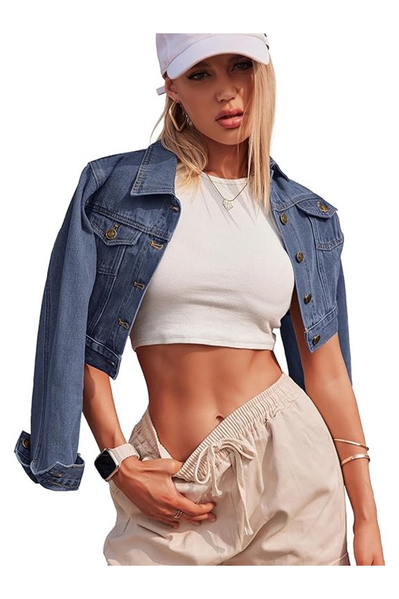 Women's Button Down Long Sleeve Cropped Denim Jean Jacket with Pockets