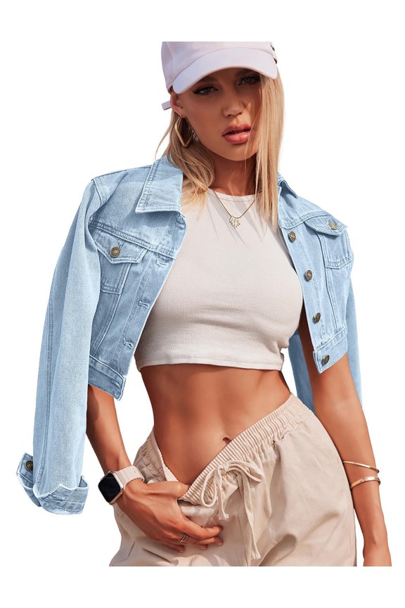 Women's Button Down Long Sleeve Cropped Denim Jean Jacket with Pockets