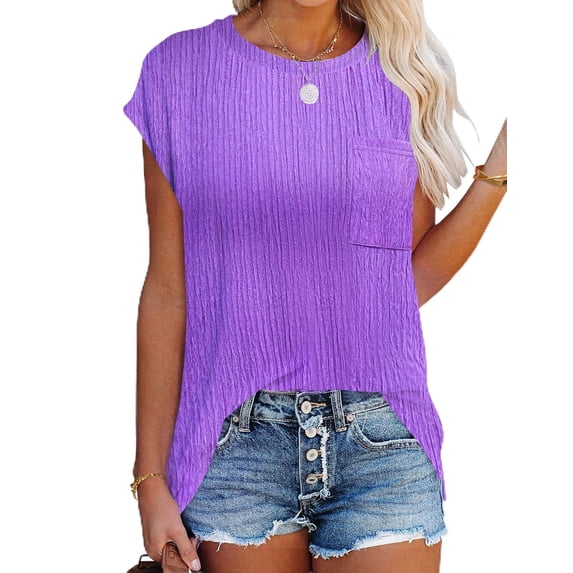 Zeagoo Women's Cap Sleeve Top Basic Textured T-shirts Trendy Crew Neck with Pocket