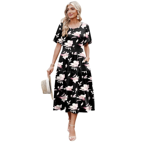Zeagoo Women's Casual A-Line Dress with Pockets Summer Beach Dress Short Sleeve Midi Dress Flowy Sundresses